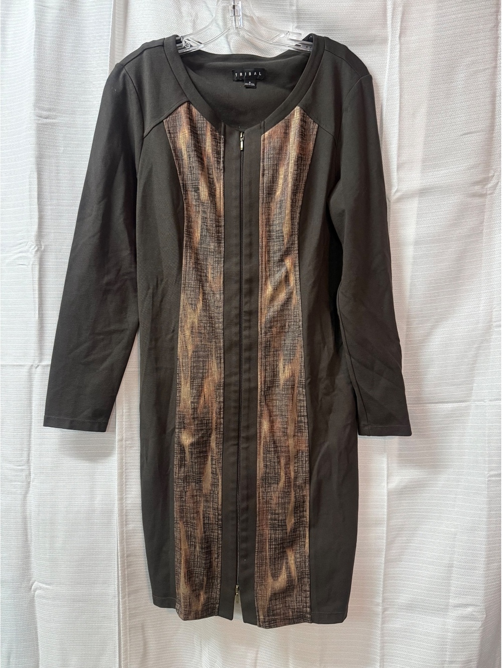 Tribal Brown and Black Long Sleeve Zip Front Dress Size 8